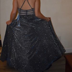 gorgeous blue/silver glittery, long prom dress.
